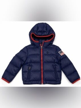 Polo Ralph Lauren Little Boys Sz 6 Down Puffer Jacket Navy Red Hooded USA Flag